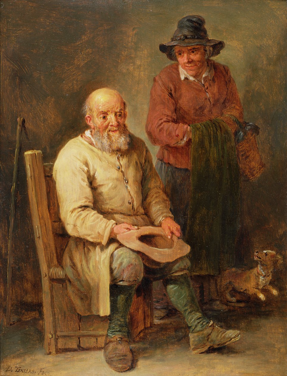 Mies istuu naisen vieressä ja koira heidän jaloissaan, 1600-luku tekijältä David Teniers the Younger