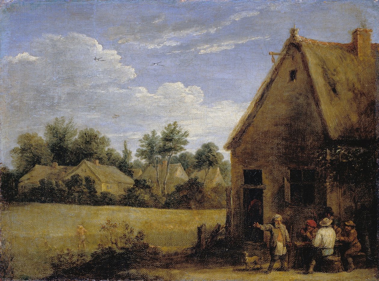 Mökki, jossa talonpojat pelaavat kortteja tekijältä David Teniers the Younger