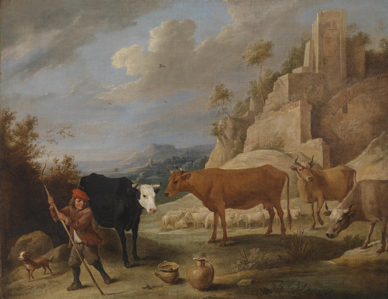 Ein Hirt mit seiner Herde in einer Landschaft mit Ruinen tekijältä David Teniers the Younger