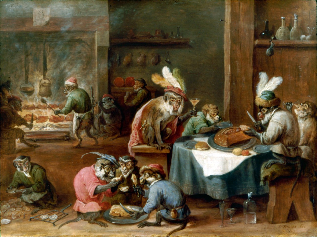 Pukuisten apinoiden ateria tekijältä David Teniers the Younger