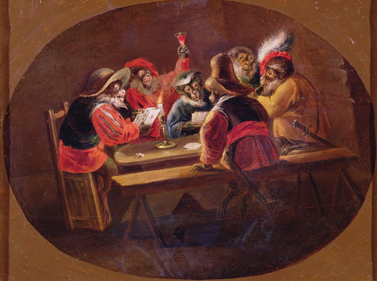 Apinat pukeutuneena sotilaiksi, jotka pelaavat korttia ja kiertelevät tekijältä David Teniers the Younger