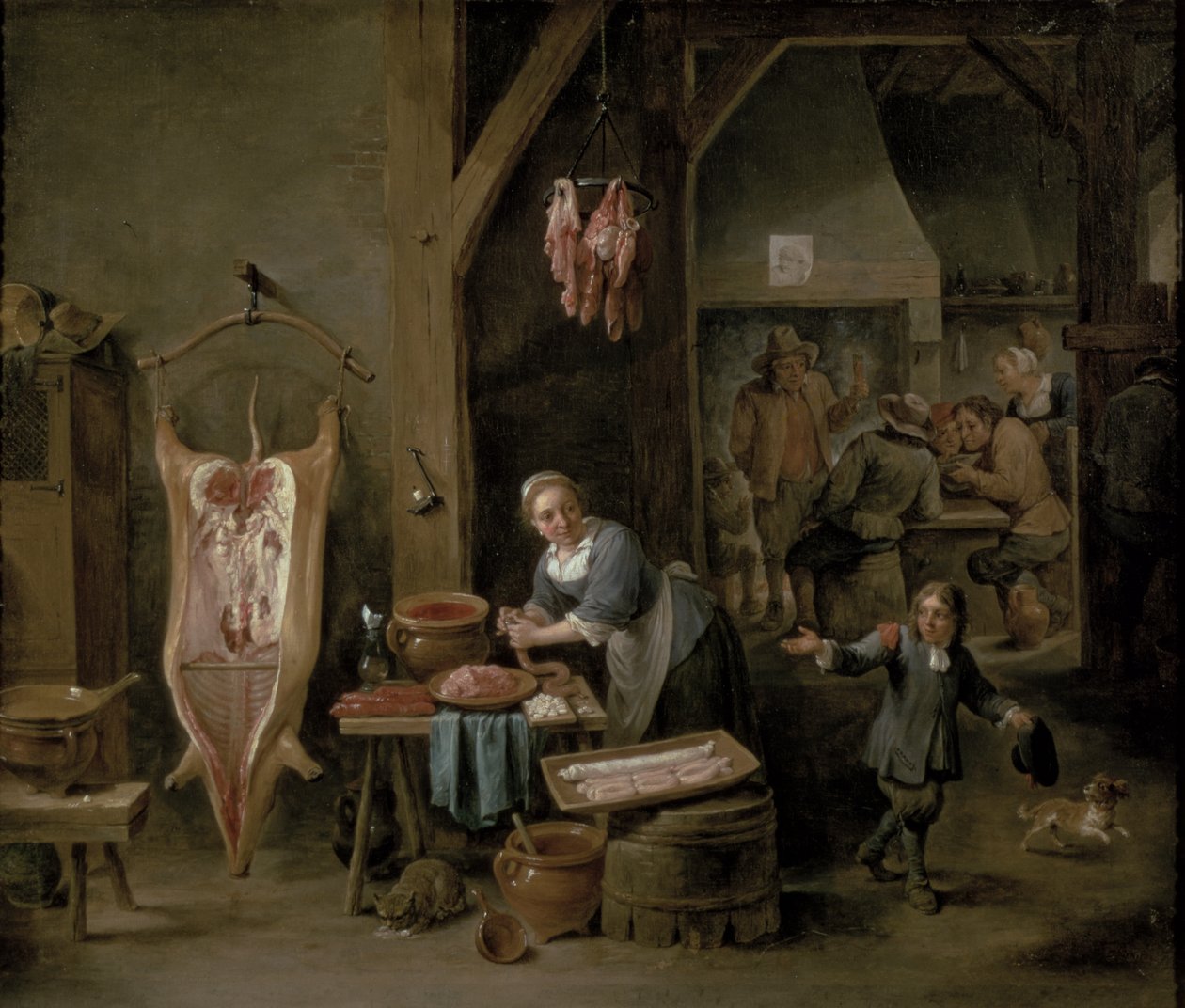 Makkaran valmistus, 1651 tekijältä David Teniers the Younger