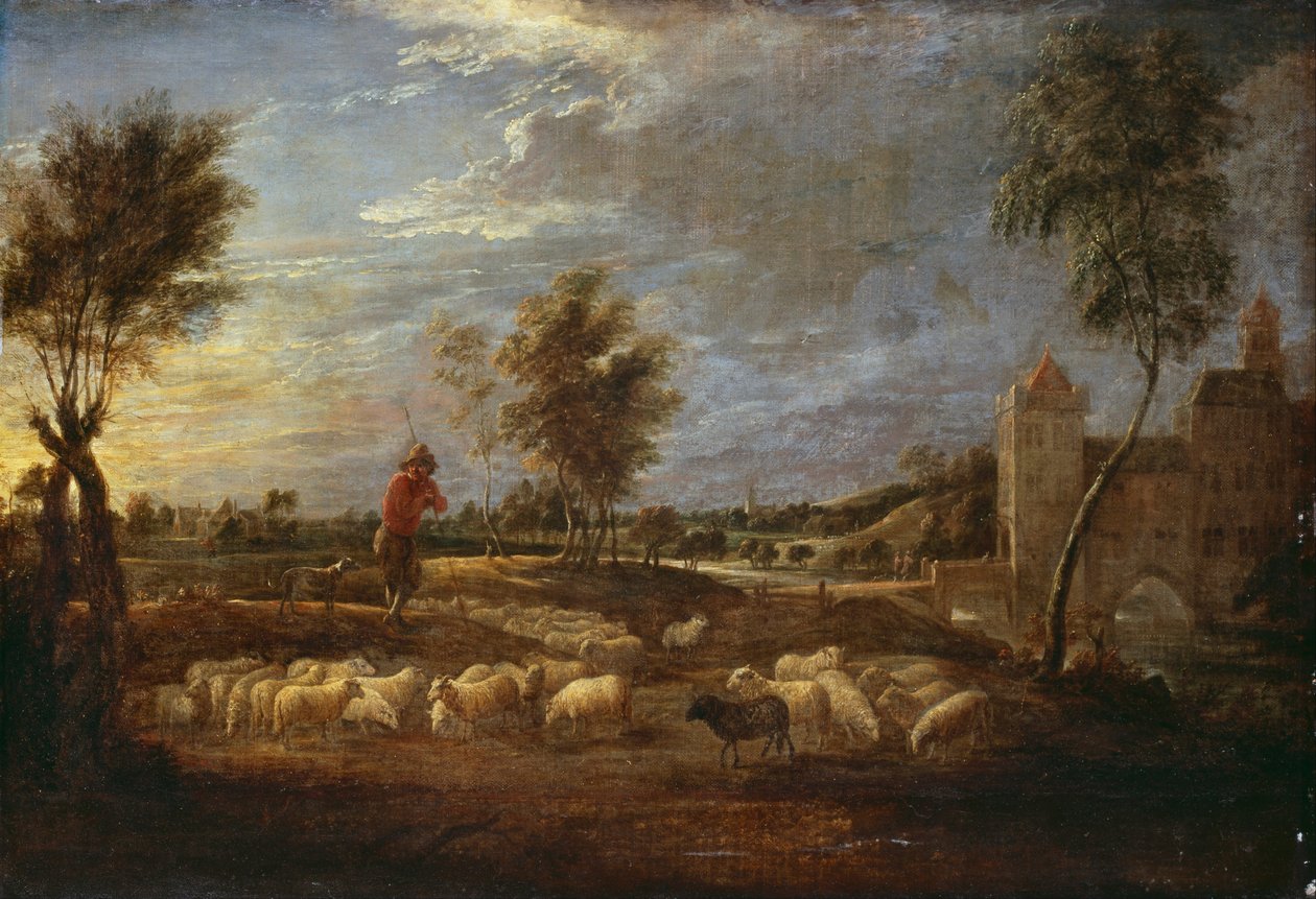Auringonlaskun maisema paimenen ja hänen laumansa kanssa tekijältä David Teniers the Younger