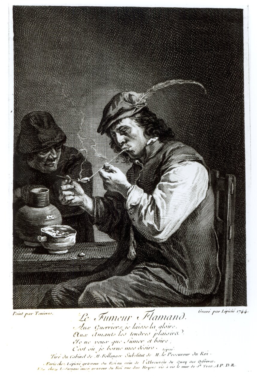 Flanderin tupakoitsija, kaiverrus Francois Bernard Lepicie (1698-1755), 1744 tekijältä David Teniers the Younger