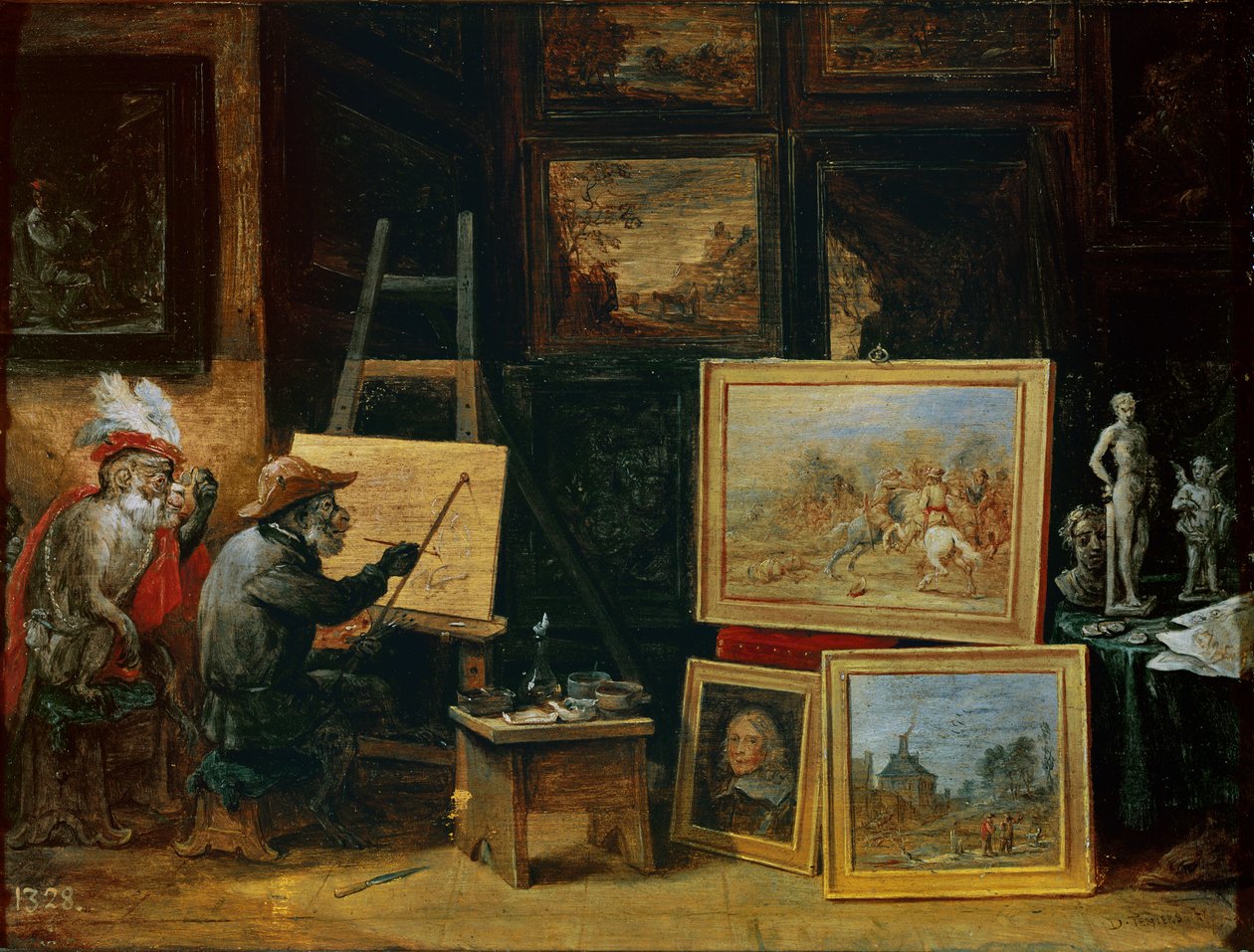 The Monkey Painter, 1805 (öljy kuparille) tekijältä David Teniers the Younger