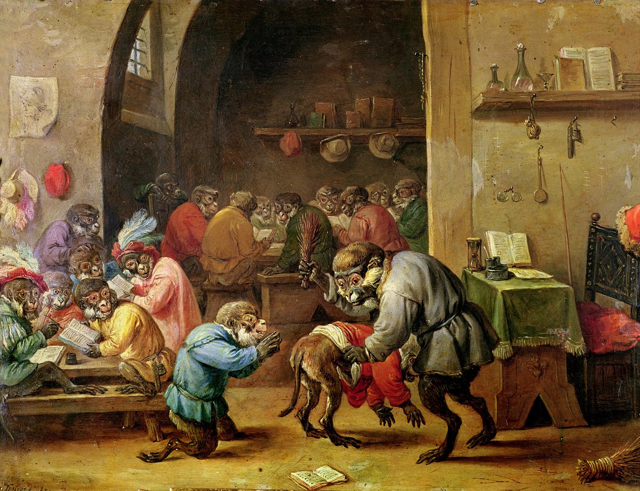 Apinat koulussa (öljy kuparilla) tekijältä David Teniers the Younger