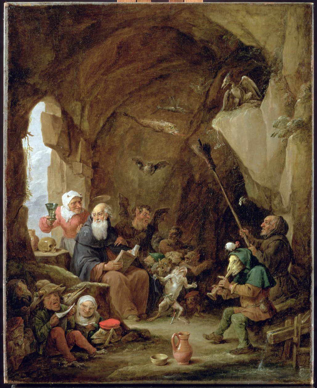 Pyhän Antoniuksen kiusaus kallioisessa luolassa tekijältä David Teniers the Younger