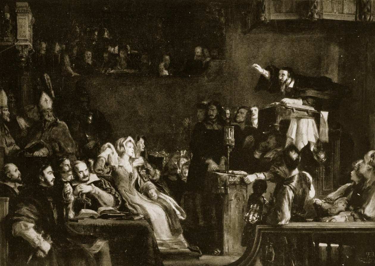 John Knox saarnaa Lords of Congregationin edessä St. Andrewsin katedraalissa, 1559, kuvitus teoksesta "Hutchinson