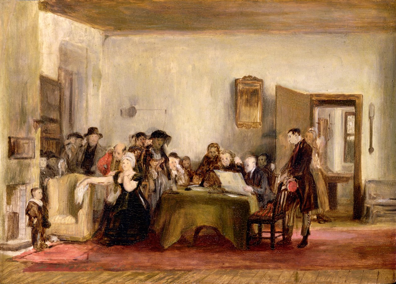 Luonnos teokselle "The Reading of a Test", n. 1820 tekijältä David Wilkie