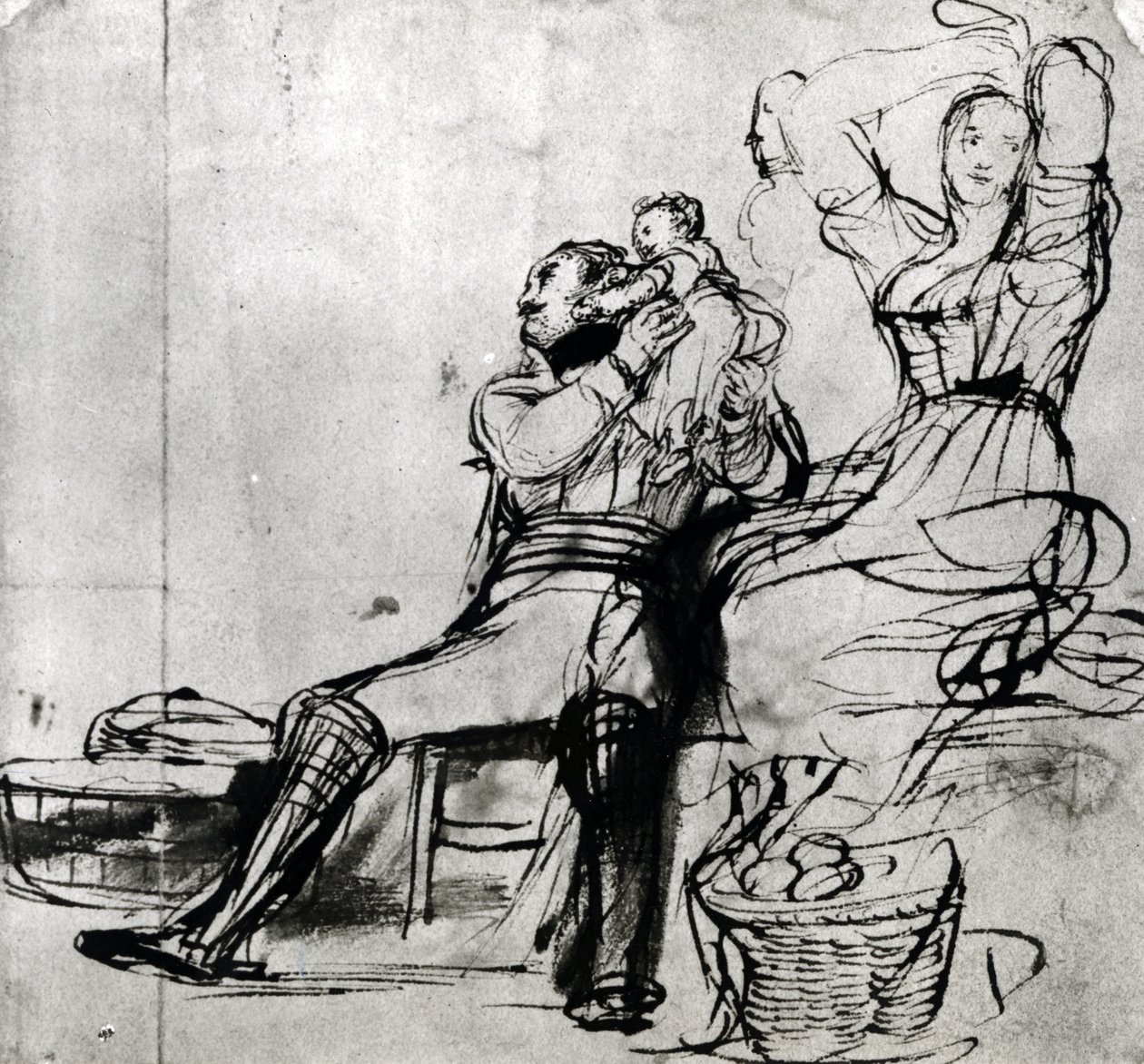 Tutkimus hahmoista "Chelsean eläkeläisille, jotka lukevat Waterloon taistelun lehteä", 1816-22 (kynä ja muste paperille) tekijältä David Wilkie