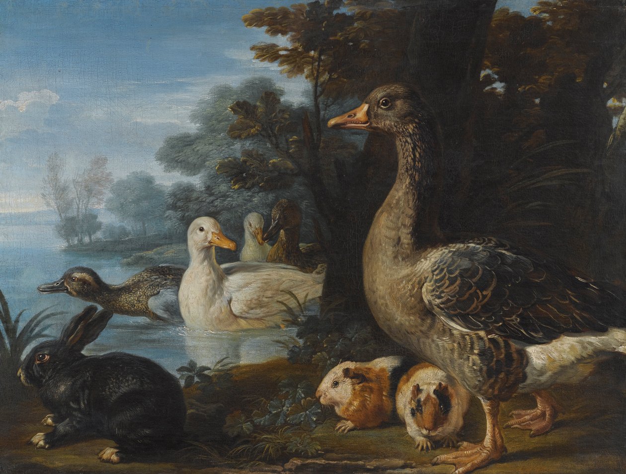Enten, eine Gans, Meerschweinchen und ein Kaninchen in einer bewaldeten Landschaft an einem See tekijältä David de Coninck