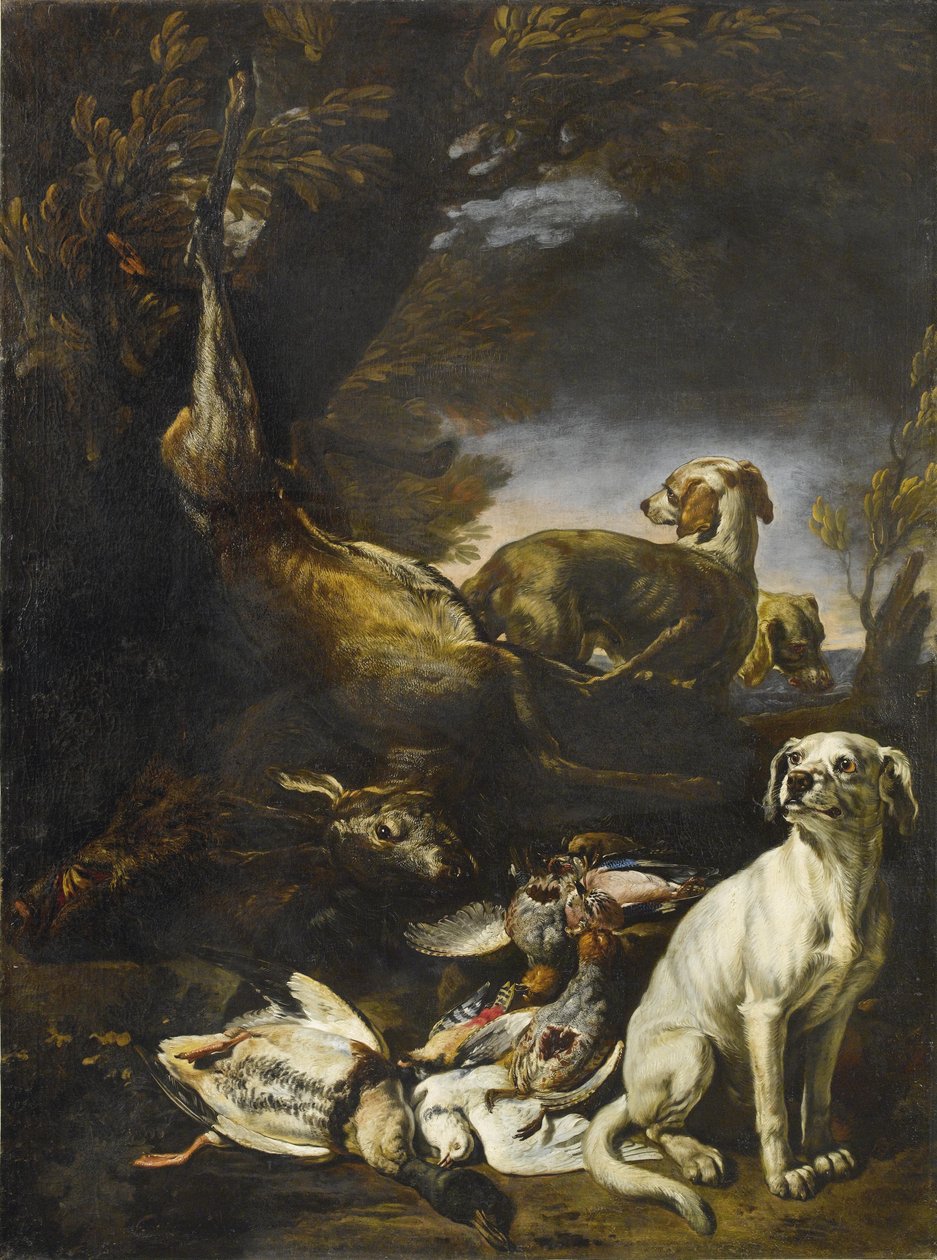 Erlegtes Villi bewacht von Hunden einer Waldlandschaftissa tekijältä David de Coninck