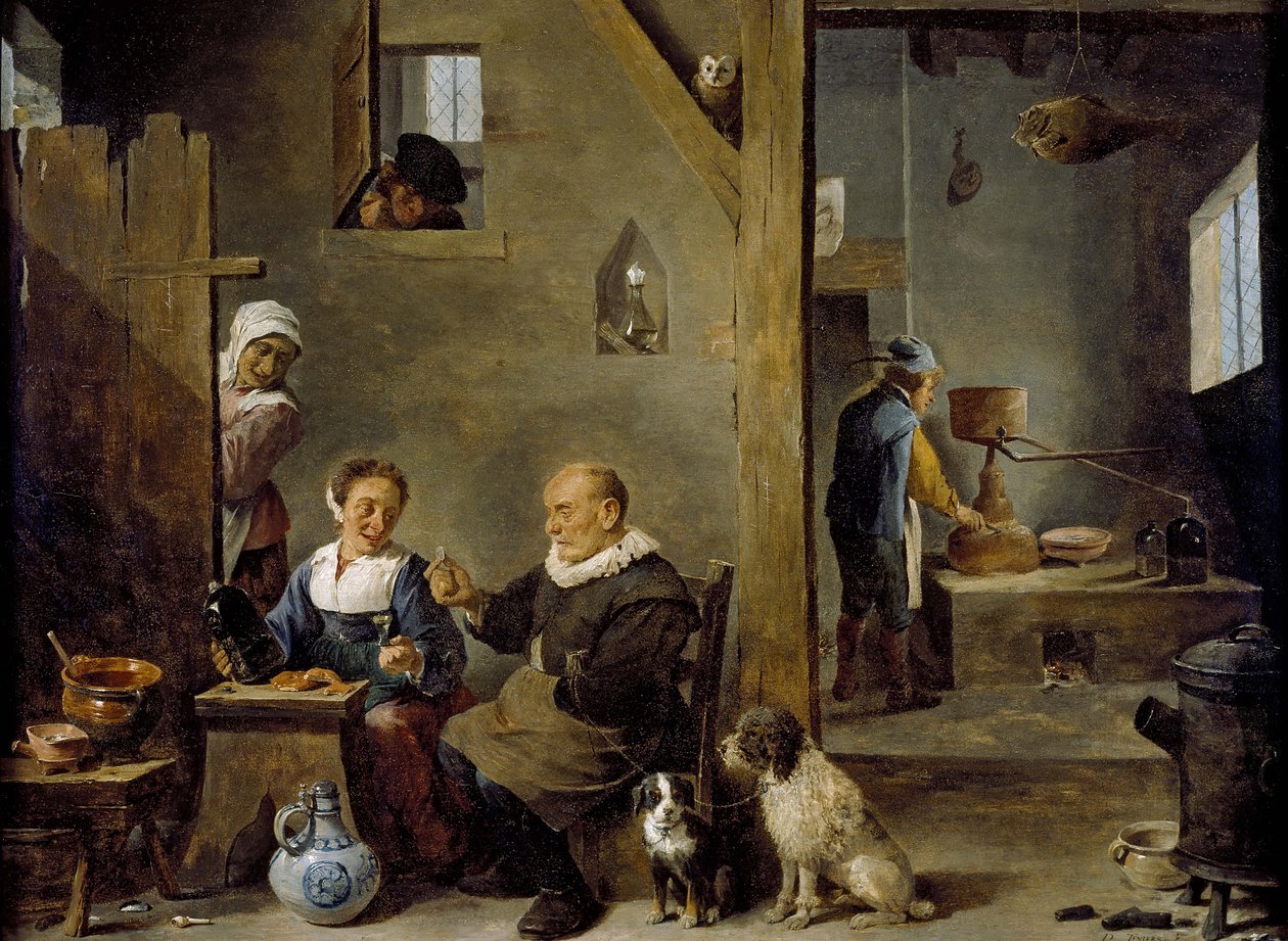 Tislaamo, jossa iäkäs mies ostaa giniä naiselta, c. 1640-49 tekijältä David Teniers the Younger