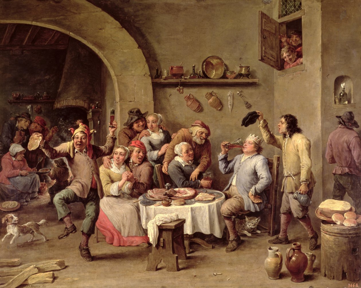 Karnevaali: "Le Roi Boit", 1690 (öljy kuparille) tekijältä David Teniers the Younger