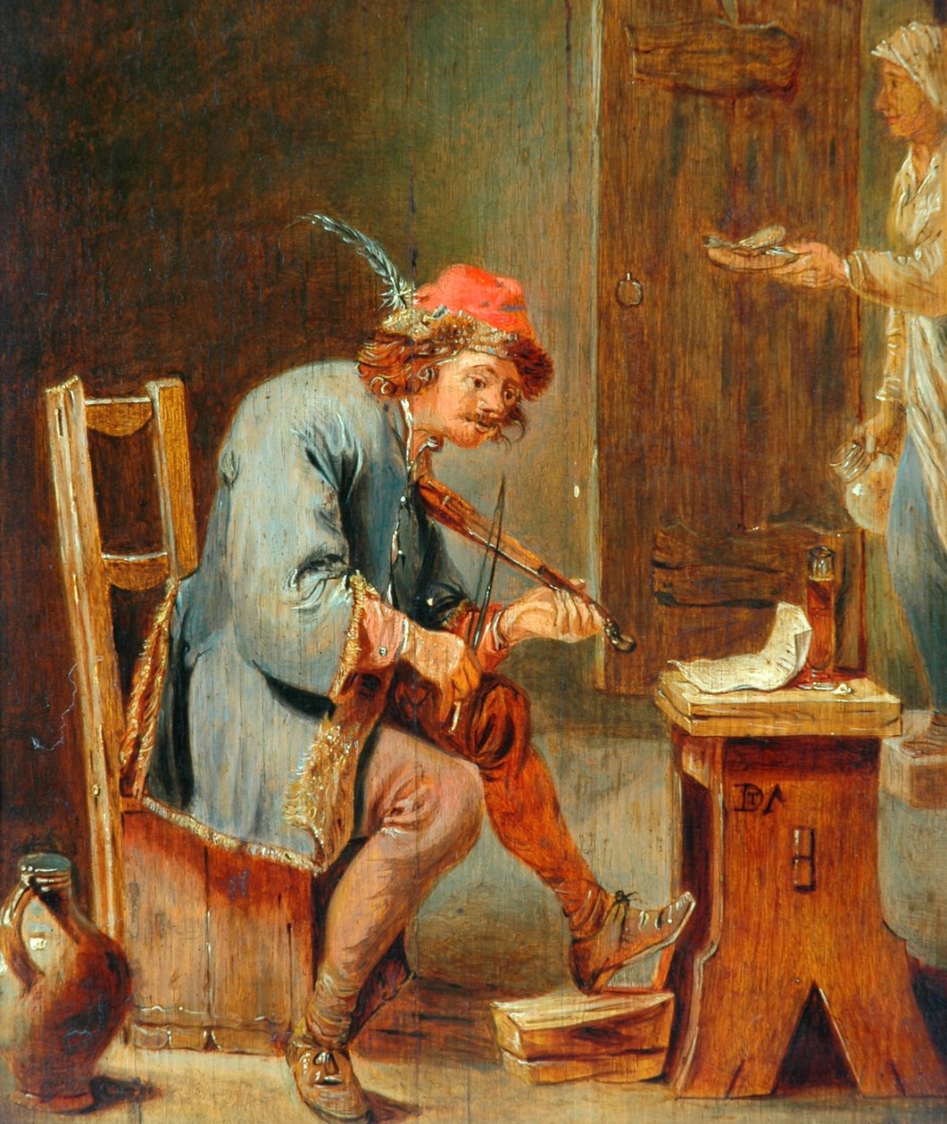 Mies soittaa viulua, 1800-50 (öljy puulevylle) tekijältä David Teniers the Younger