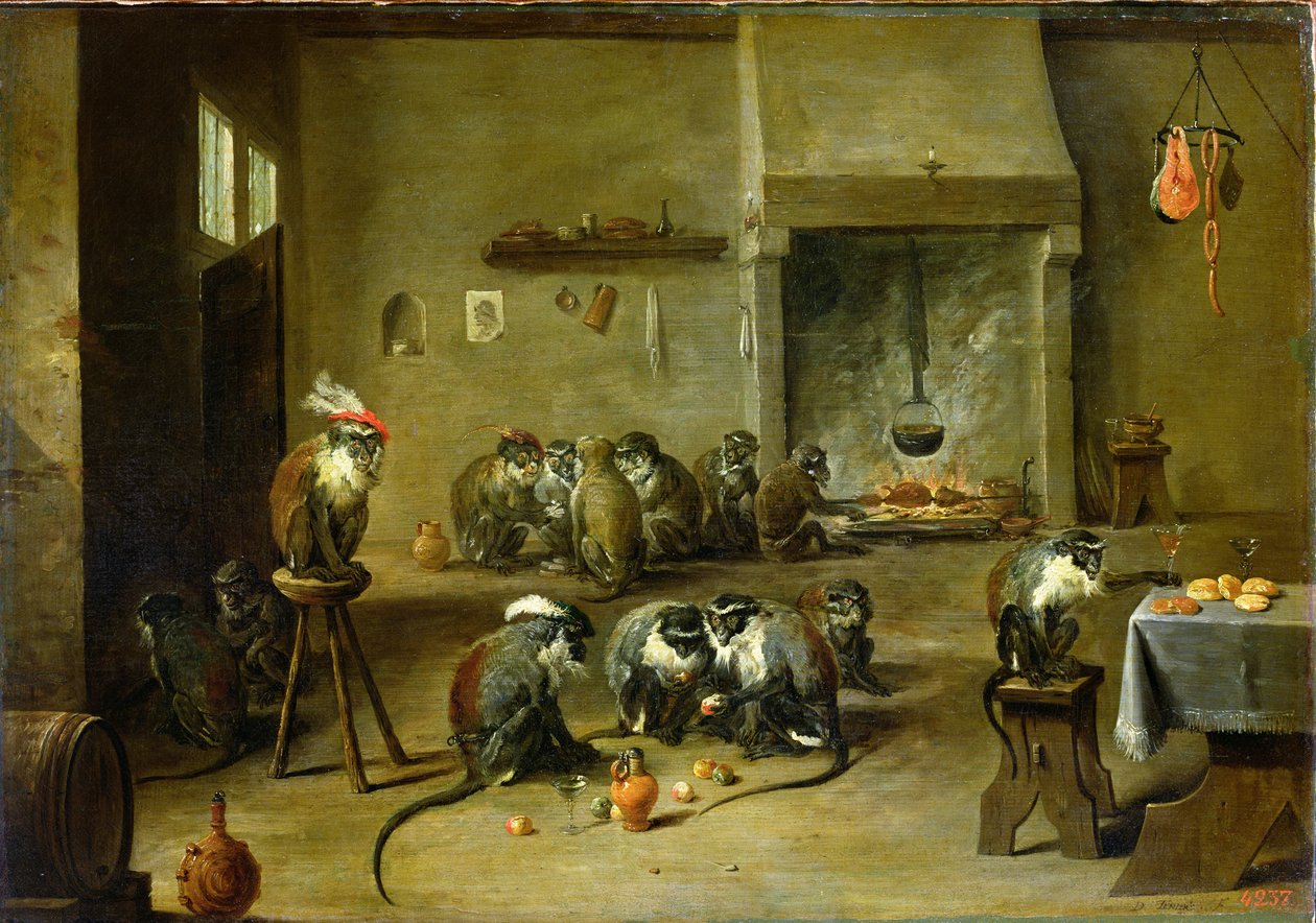 Apinoita keittiössä, noin 1645 (öljy kankaalle, siirretty paneelilta). tekijältä David Teniers the Younger
