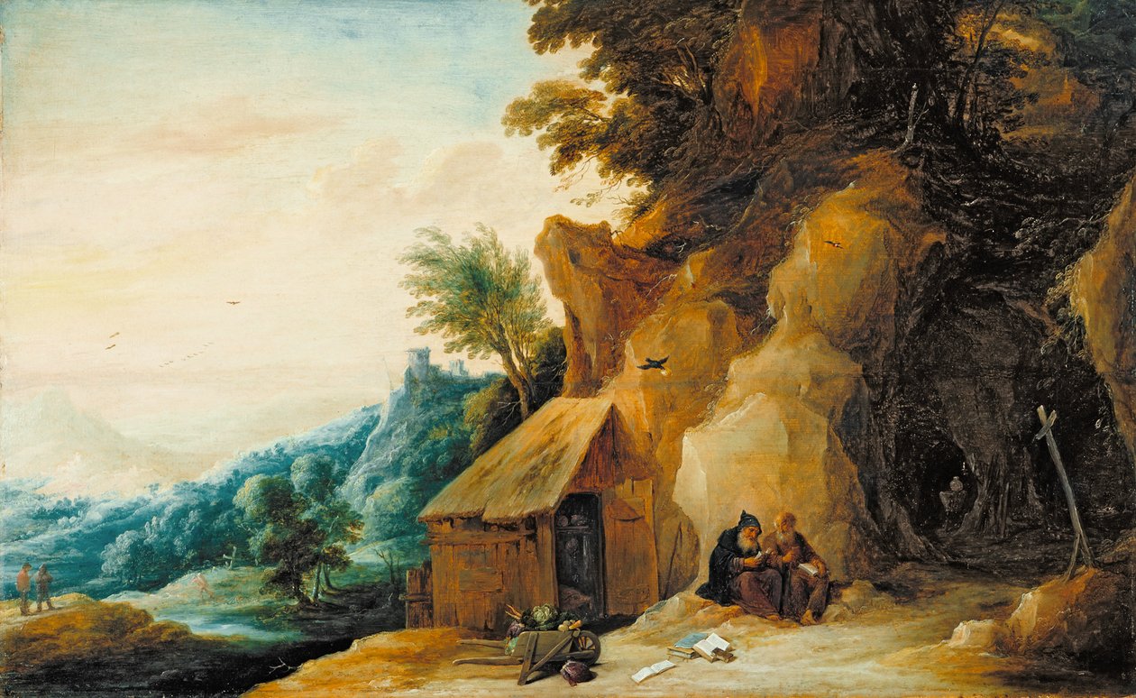 Pyhät Anthony ja Paul maisemassa, n. 1636-1638 (öljy paneelissa siirretty masoniittiin) tekijältä David Teniers the Younger
