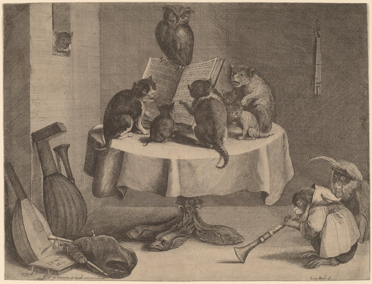 Kissan konsertti (kaiverrus ja etsaus paperille) tekijältä David Teniers the Younger