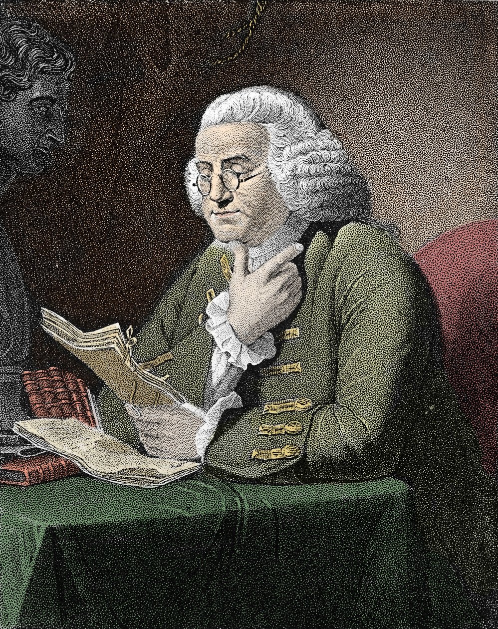 Muotokuva Benjamin Franklinista (1706-1790), yhdysvaltalaisesta filosofista, fyysikasta ja suurlähettilästä. Kaiverrus David Martinin maalauksen jälkeen. tekijältä David (after) Martin