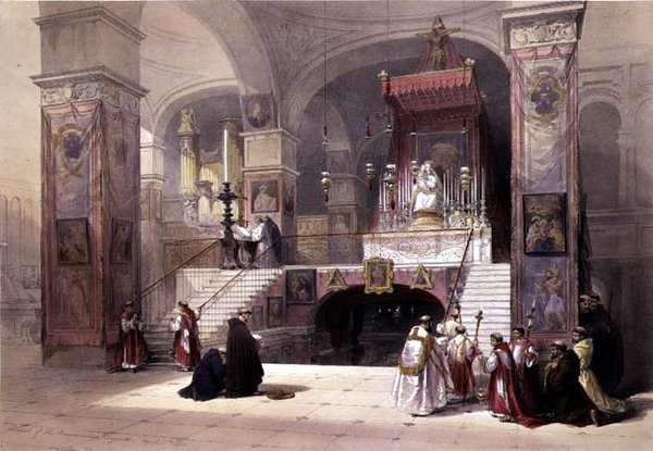 Chapel of the Annunciation, Nasaret, 28. huhtikuuta 1839, levy 32 The Holy Landin I osasta, kaiverrettu Louis Haghe (1806-85) pub. 1842 (litho) tekijältä David (after) Roberts