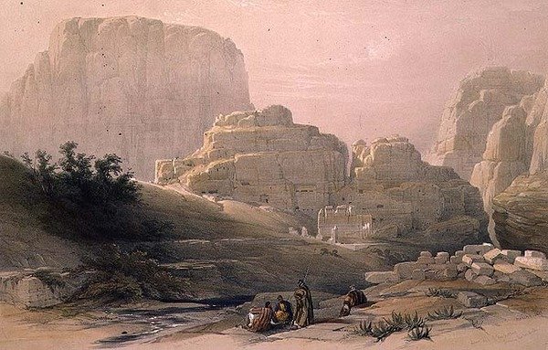 Laakson alaosa, jossa näkyy Akropolis, Petra, 9. maaliskuuta 1839, levy 102 