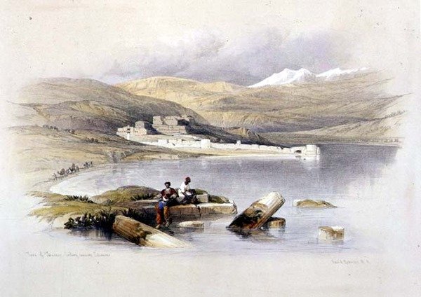 Tiberiaksen kaupunki Libanoniin päin, taulu 35 teoksen "The Holy Land" niteestä I, kaiverrettu Louis Haghe (1806-85) pub. 1842 (litografia) tekijältä David (after) Roberts