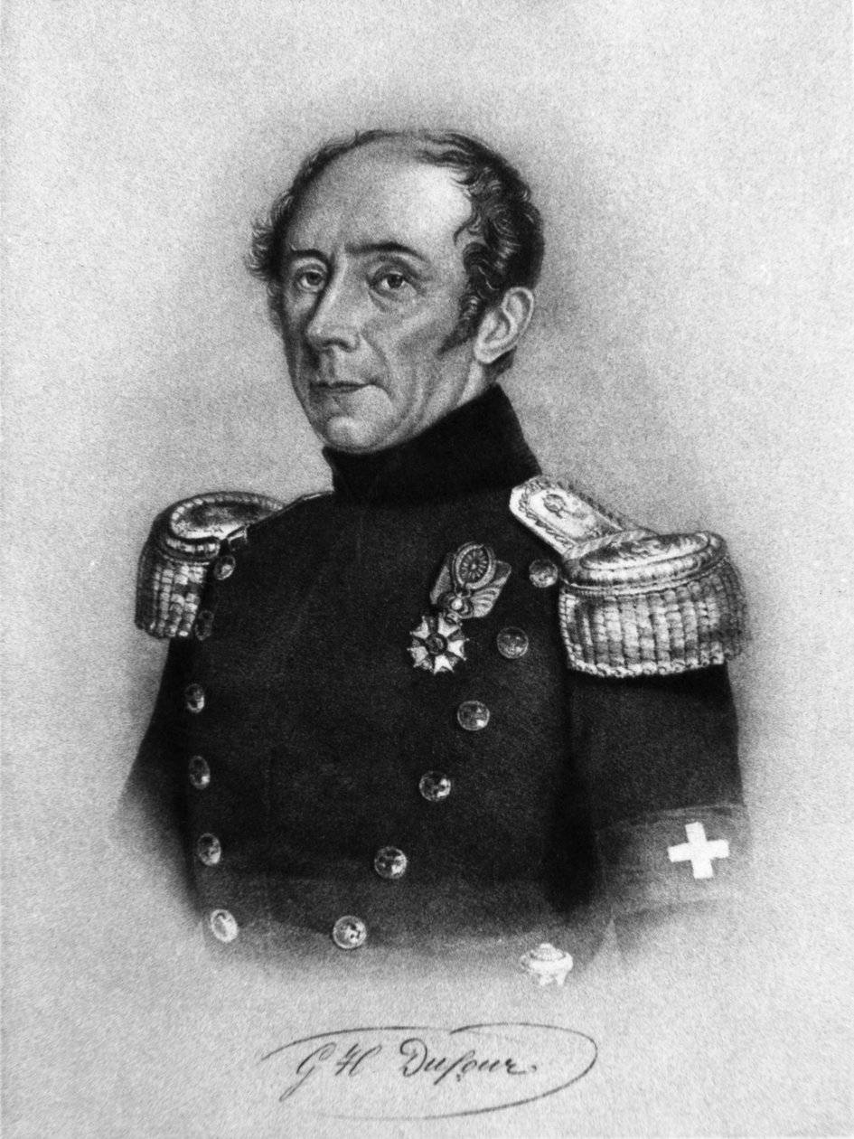 Guillaume-Henri Dufourin (1787-1875), sveitsiläisen kenraalin, insinöörin, topografin ja Punaisen Ristin kansainvälisen komitean perustajajäsenen muotokuva, Karl Friedrich Irmingerin (1813-1863) piirtämän kaiverrus tekijältä John Ward Dunsmore