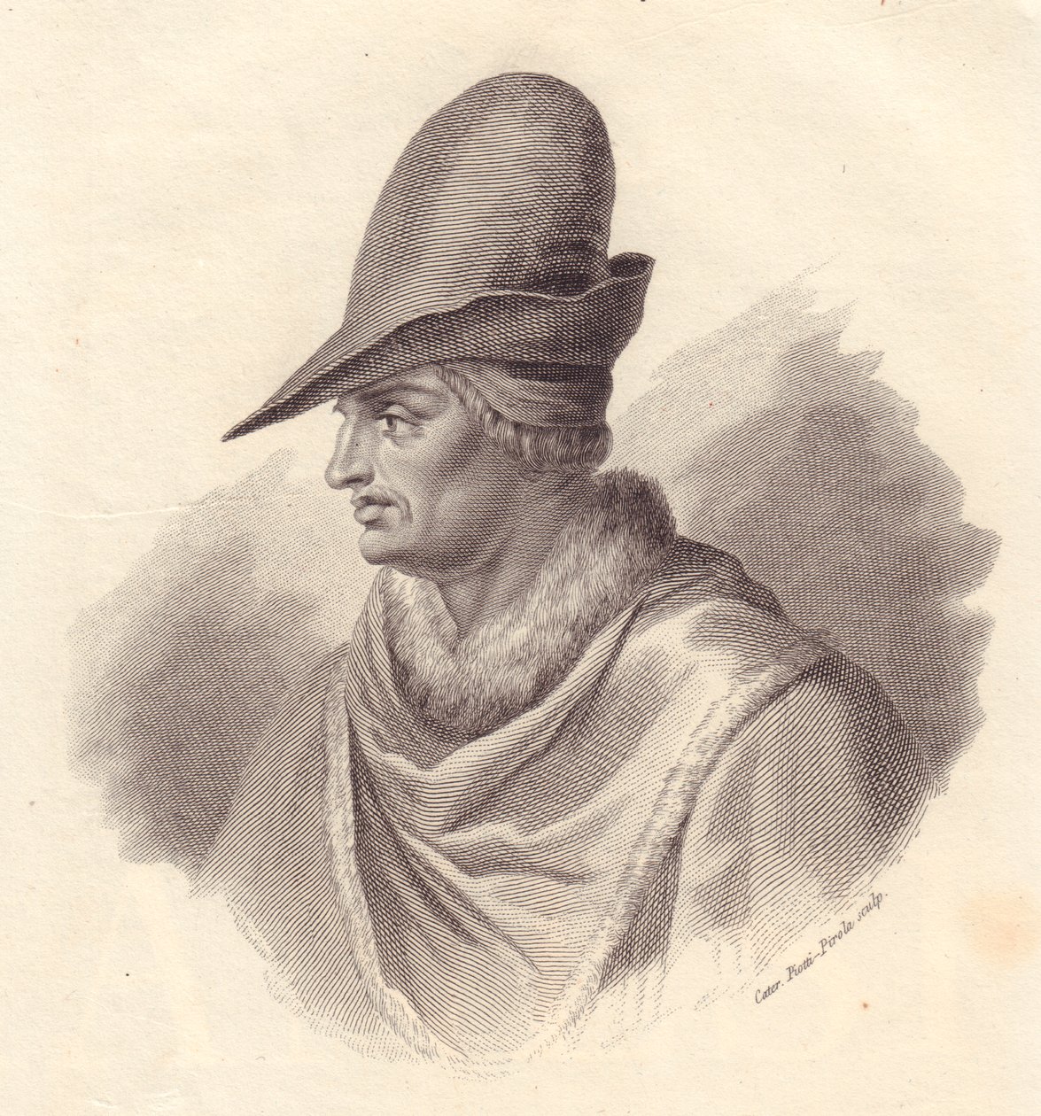 Italian sotilasjohtaja Uguccione della Faggiola (1250-1319) muotokuva, Caterina Piotti-Pirolan kuparikaiverrus tekijältä John Ward Dunsmore