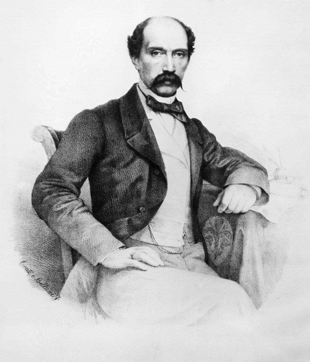 Markiisi Ferdinando Bartolommein (1821-1869) muotokuva, italialainen vallankumouksellinen ja poliitikko, jolla oli tärkeä rooli Toscanan poliittisissa tapahtumissa vuosina 1848-1860, kaiverrus, kaiverrus tekijältä John Ward Dunsmore