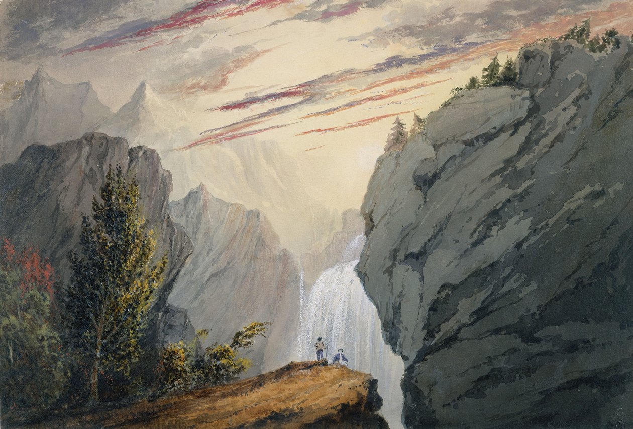 At the Waterfall, n. 1850 (akvarelli, arabikumi ja guassi luonnonvalkoiselle kudospaperille) tekijältä David Claypoole Johnston