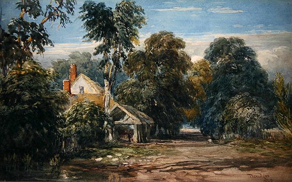 Mökki ja Byre metsän reunalla tekijältä David Cox