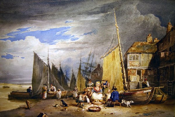 Kalarouva tavaraineen Thamesin rannalla (akvarelli paperille) tekijältä David Cox