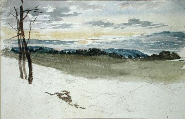 Metsämaisema auringonlaskussa (lyijykynä ja akvarelli paperille) tekijältä David Cox