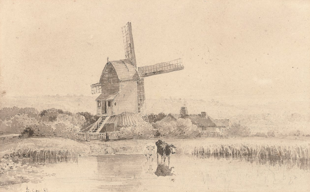 Nautakarjaa juottelemassa tuulimyllyssä Dulwich Commonilla, 1811 tekijältä David Cox