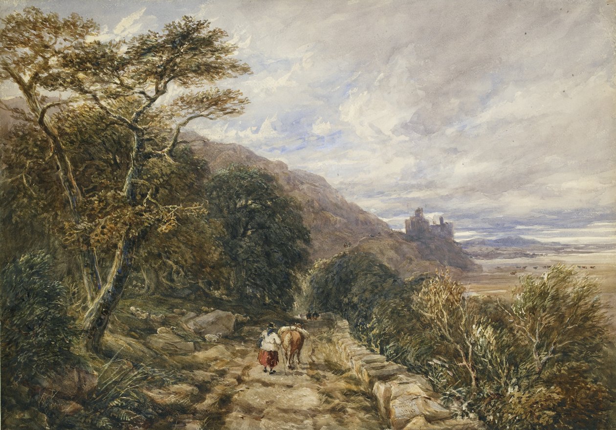 Maaseutupolku, joka johtaa Harlechin linnaan, 1842 (akvarelli ja vartaloväri grafiitin päällä) tekijältä David Cox
