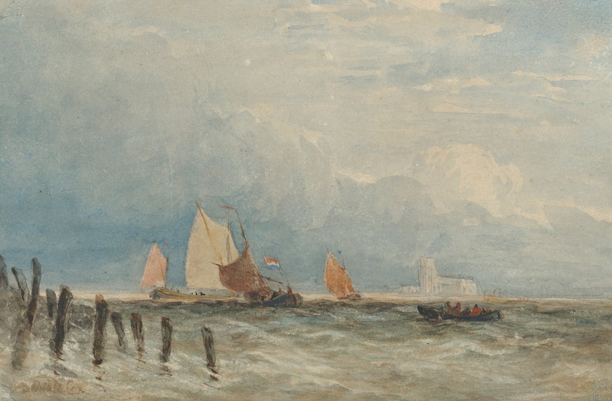 Hollantilaisia kalastuslauttoja rannikon edustalla, kaukana Grote Kerk, Dordrecht. tekijältä David Cox