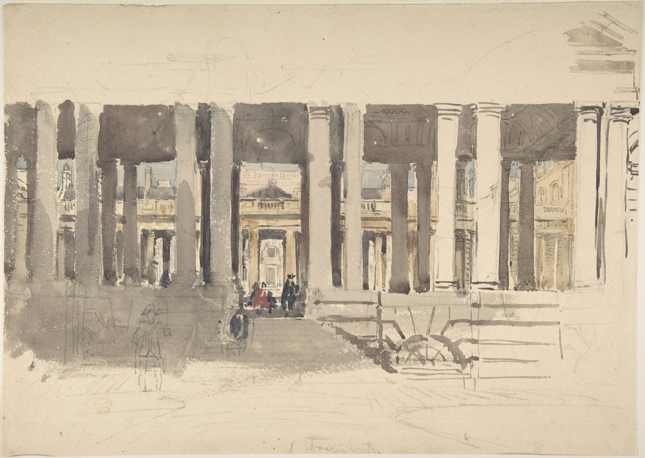 Greenwichin sairaala (etupuoli); Rakennuksen luonnos (takapuoli) tekijältä David Cox