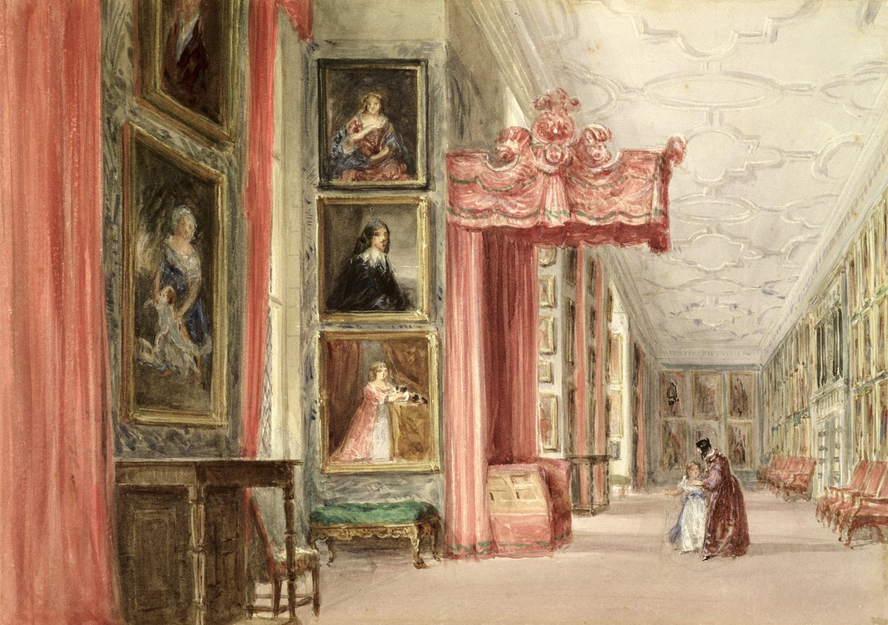 Long Galleryn sisustus, Hardwick Hall, Derbyshire, 1838 tekijältä David Cox