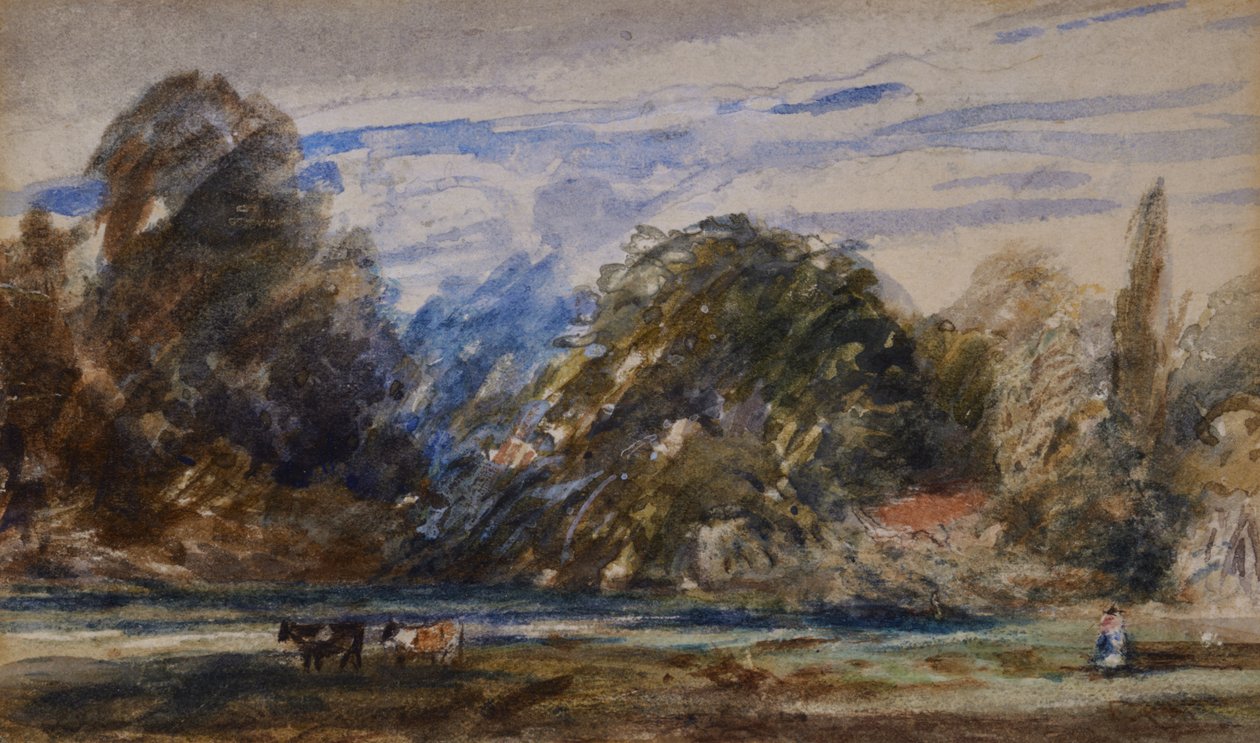 Maisema lehmien ja hahmon kanssa tekijältä David Cox