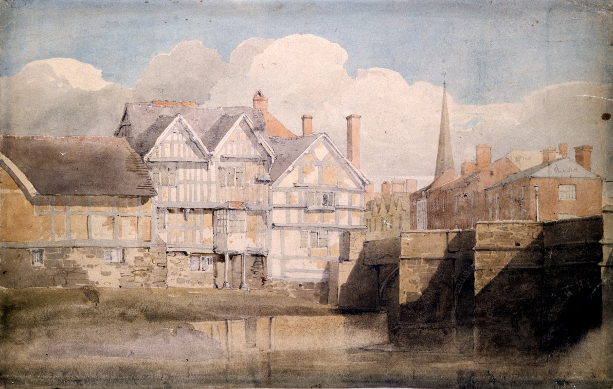 Vanhat talot ja Wye Bridge, Hereford, 1820 tekijältä David Cox