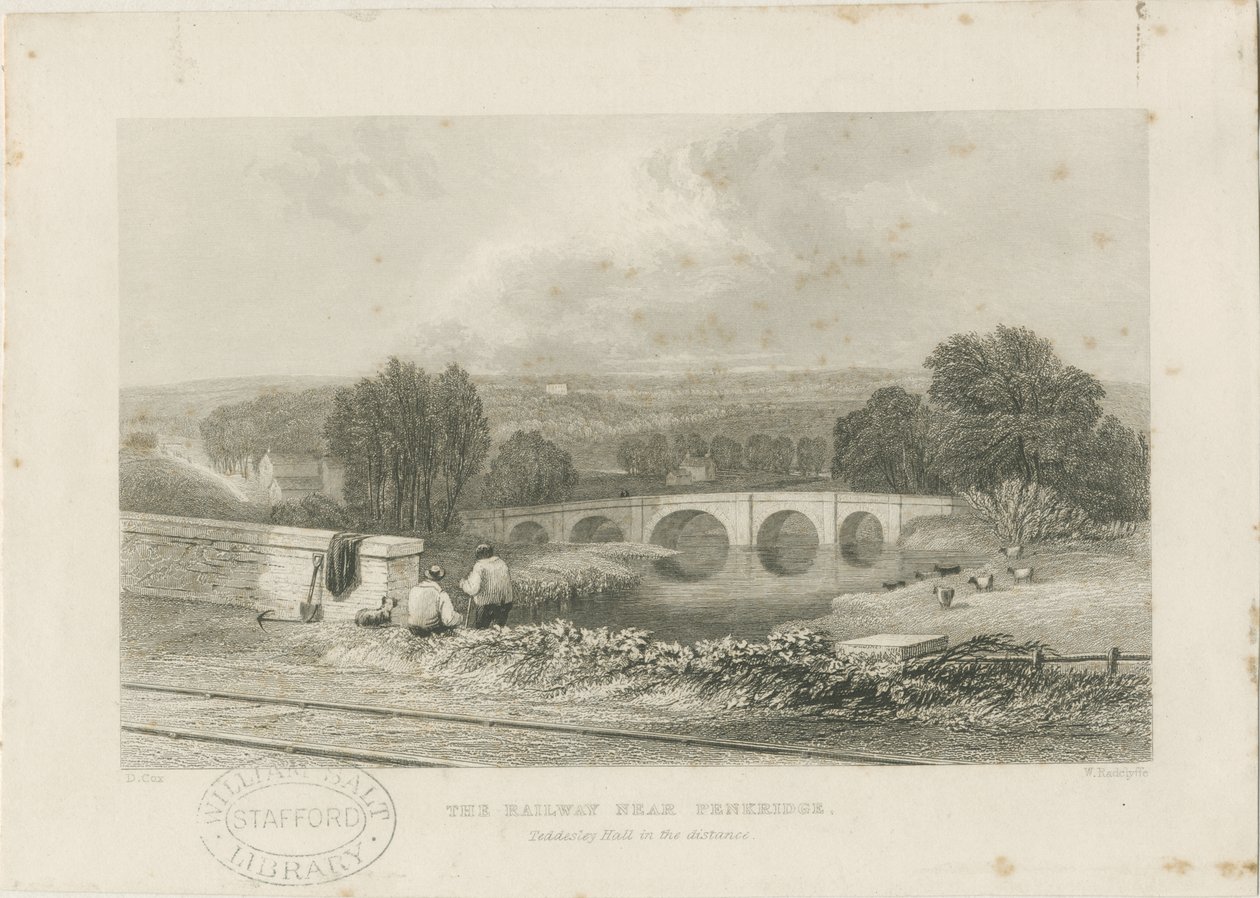 Penkridge Town - Rautatie- ja härkäsilta: teräskaiverrus, nd [c 1839] tekijältä David Cox