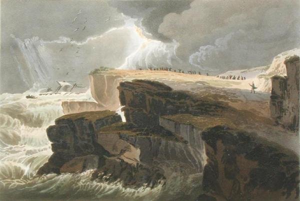 Lautanen kirjasta 10 Storm, Näkymä Hastingsin rannikolle maisemamaalauksen traktaatista, kaiverrettu Richard Reeve (s.1780), 1813-14 (käsinvärinen akvatinta) tekijältä David Cox
