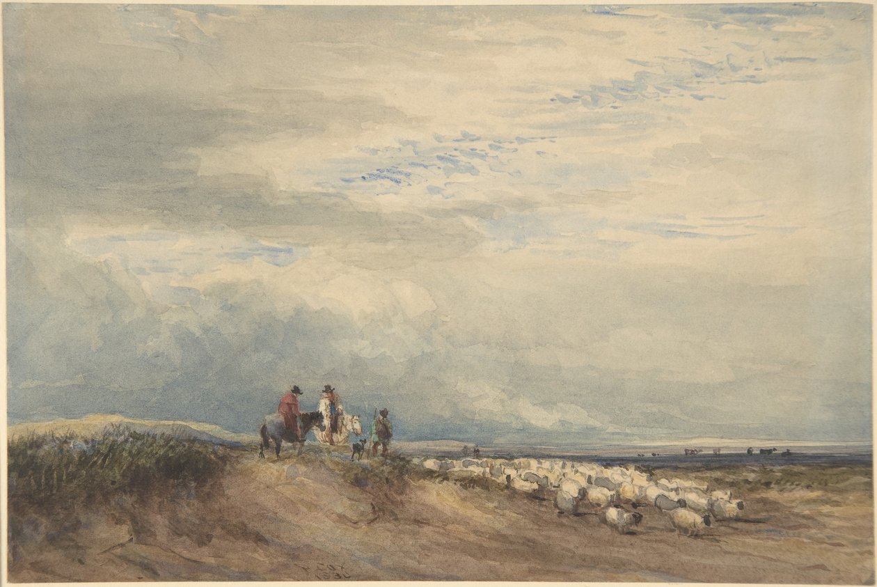 Ratsastajia ja lampaita lähellä jokisuistoa tekijältä David Cox