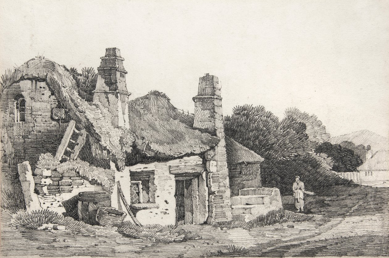 Raunioitunut mökki (piirustus) tekijältä David Cox