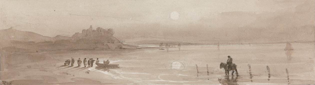 Merenranta, auringonlasku Harlechin linnan kanssa tekijältä David Cox