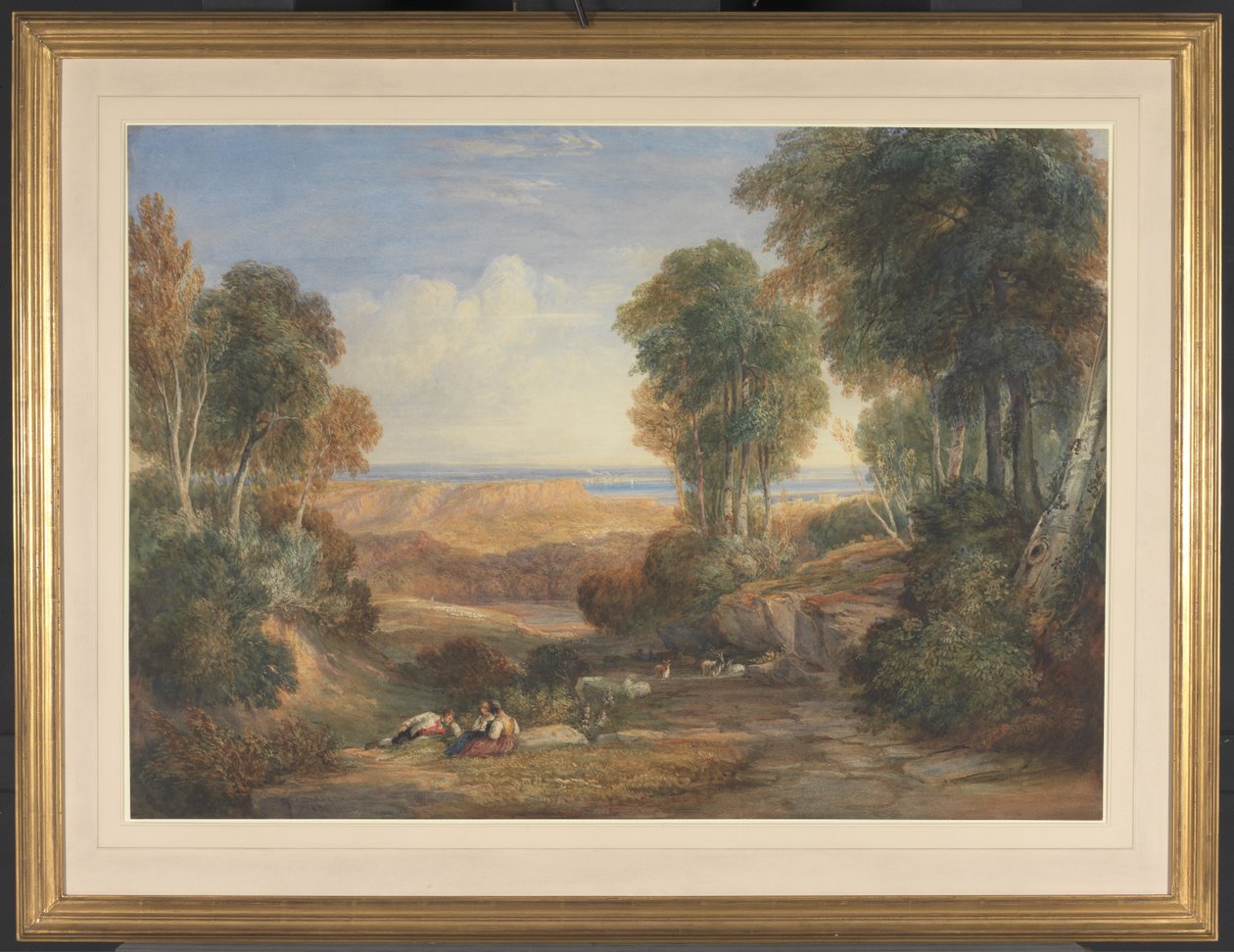 Severn- ja Wye-jokien yhtymäkohta ja Chepstow kaukaisuudessa tekijältä David Cox