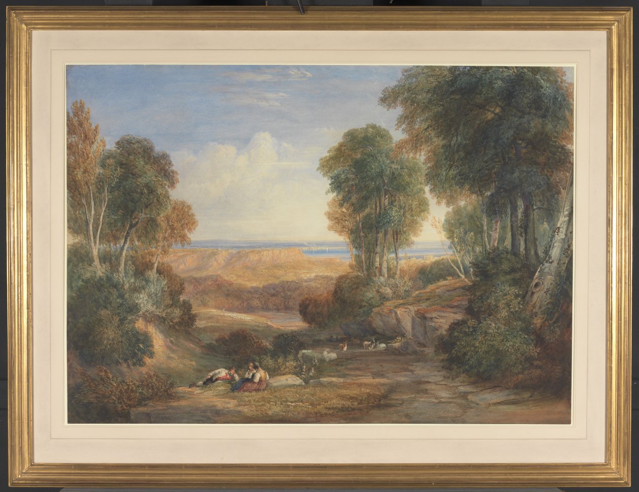 Severnin ja Wyen yhtymäkohta sekä Chepstow kaukaisuudessa tekijältä David Cox