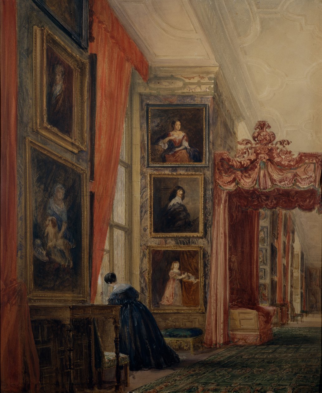 The Long Gallery at Hardwick (akvarelli paperille) tekijältä David Cox
