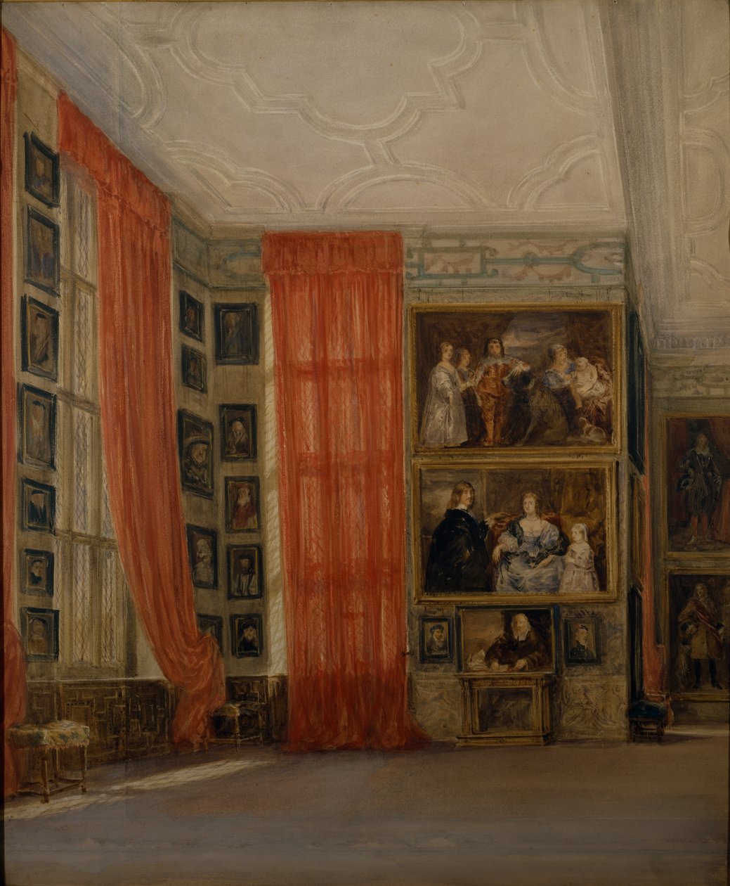 The Long Gallery at Hardwick (akvarelli paperille) tekijältä David Cox
