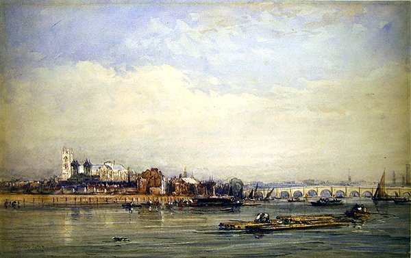 Westminster ja Thames Battersea Shoresta (akvarelli paperille) tekijältä David Cox